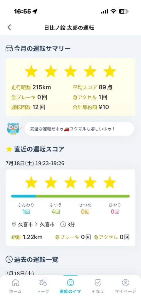 今月の運転サマリーの画面